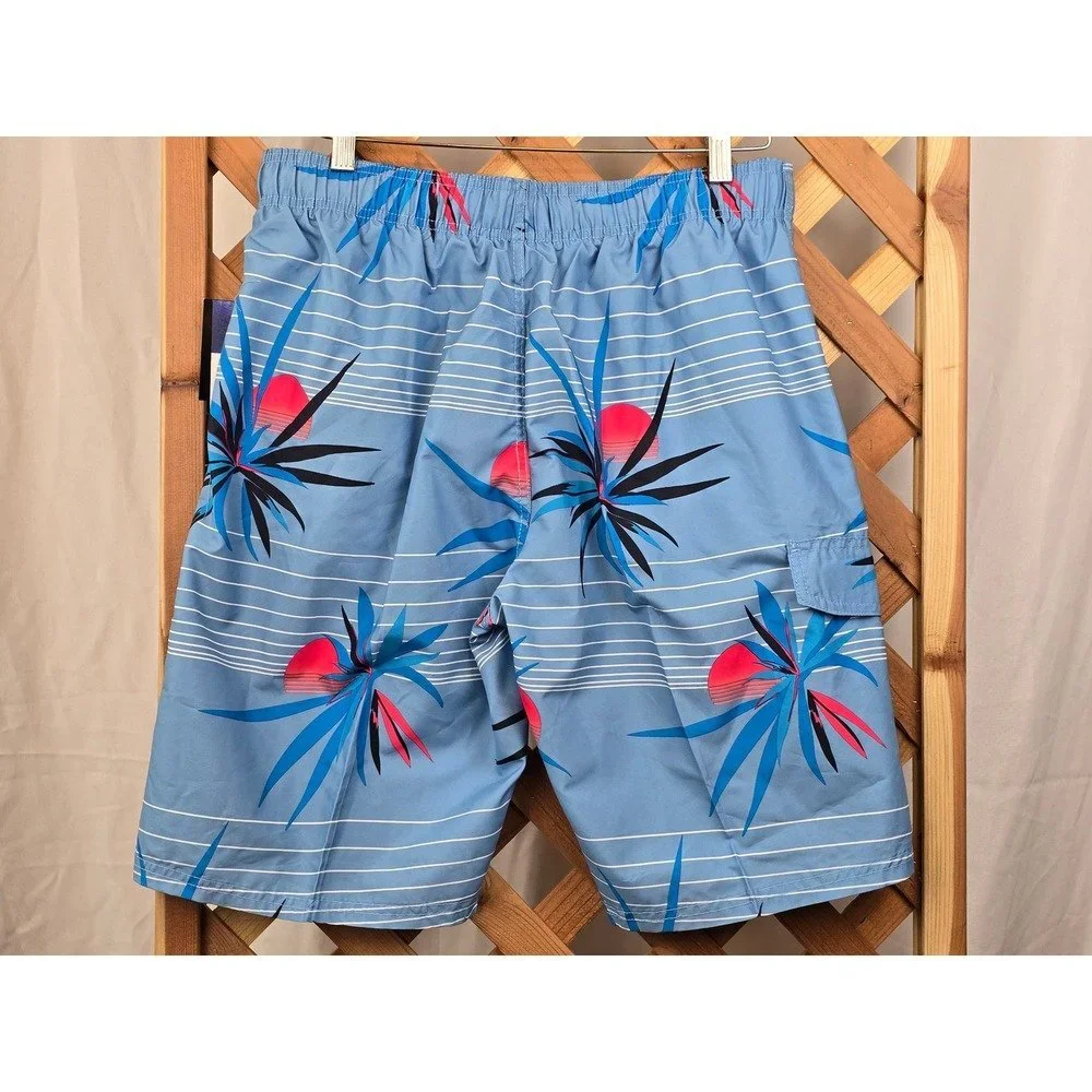 Kanu Surf Belaire Board Shorts Mens Large Blue Palm Sunset Striped -New